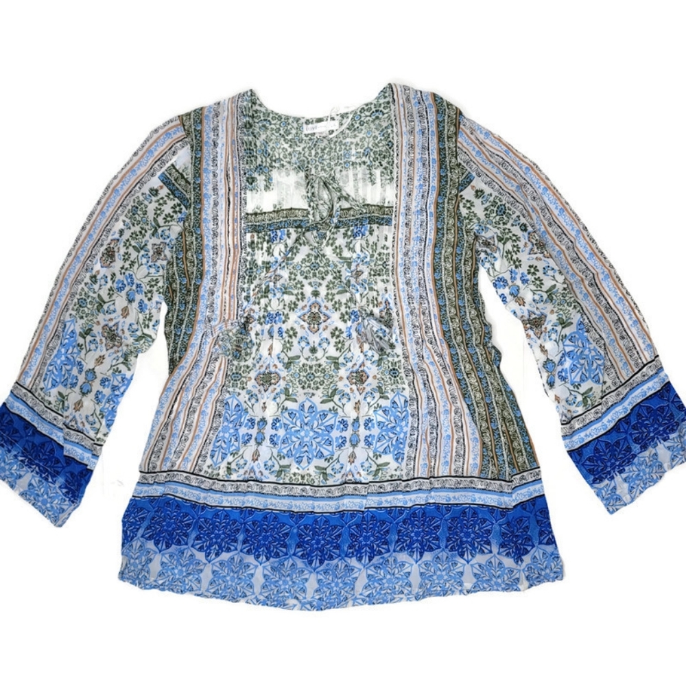 Love kyla NWT Tyra tunic top fringe boho indy cottage core size small blue